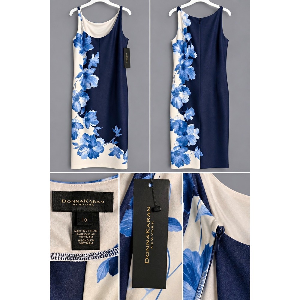 Donna Karan New York Floral Sheath Dress Size 10 NWT Navy Blue Ivory $149 Vid 12